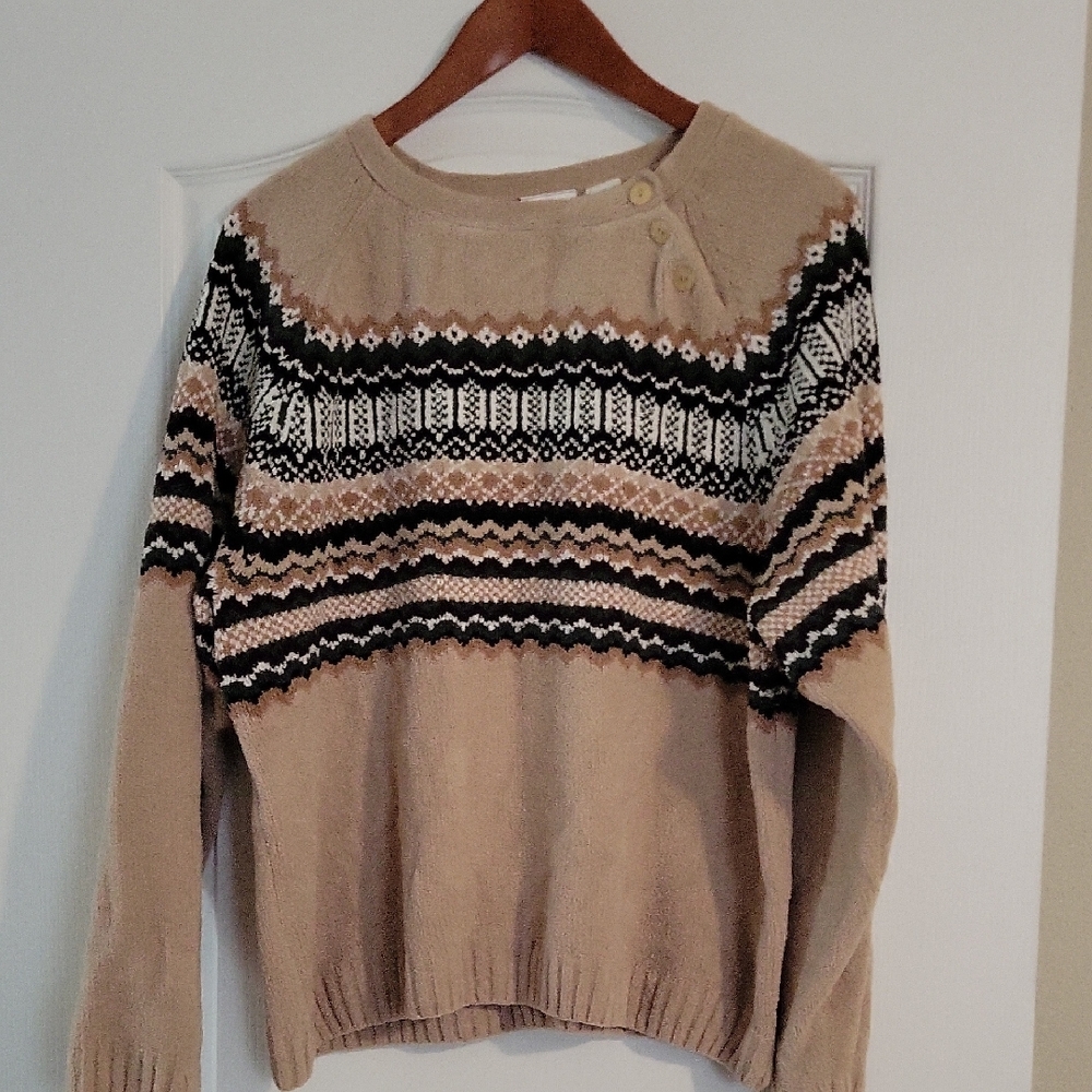 Taylor & Taylor Fair Isle Sweater Womens Beige Brown Knit Cozy Pullover